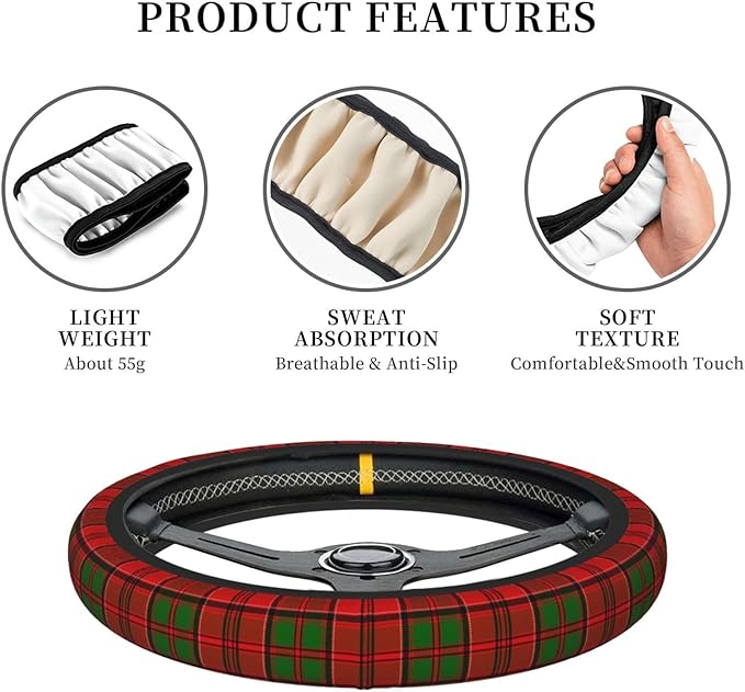 Thickened Elastic Steering Wheel Cover, Grant Scottish Plaid Printed Tartan Ultra, Soft, Breathable, Fit for Cars, SUVs, Trucks, Stylish Comfortable Grip