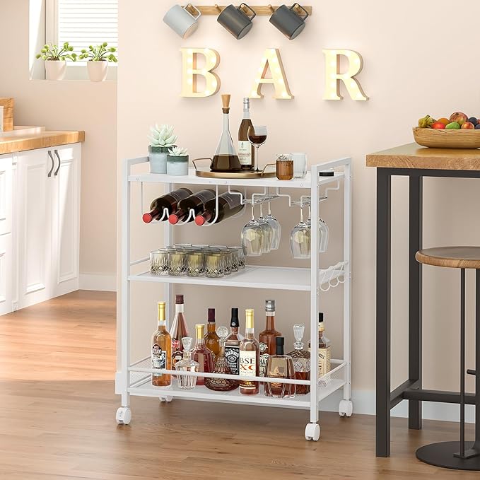 Bar Cart, Home Bar Serving Cart with 3-Tier Shelf,Microwave Cart with Lockable Wheels,Mobile Kitchen Shelf,Rolling Beverage Cart with Wine Rack and Glass Holder for Kitchen,Dinning Room,White