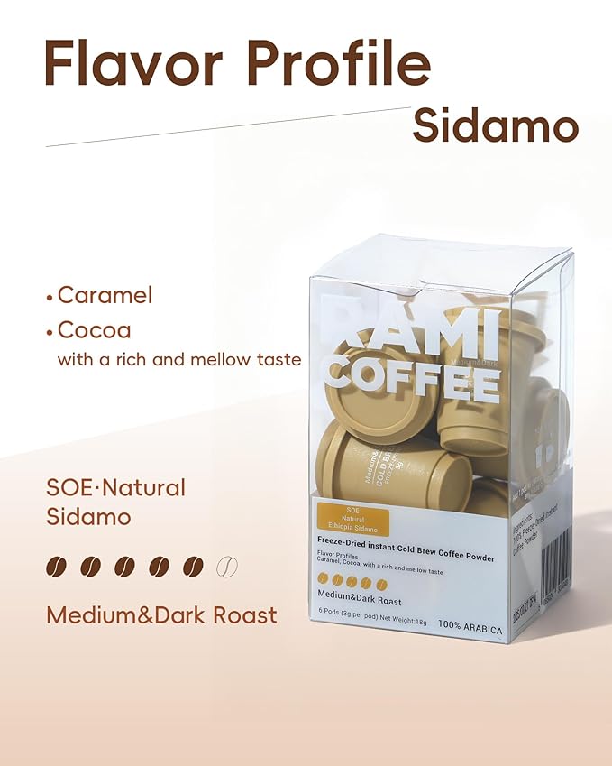 Rami Coffee Cold Brew Freeze Dried Instant Coffee Powder, Medium-Dark Roast 100% Arabica, 6 Portable Single Packets for Home Travel Backpacking Camping