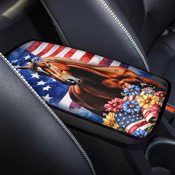 Flag Horse Auto Armrest Console Cover Arm Rest Cover Car Soft Car Console Covers Protect from Pet Claws for Most Vehicle, SUV, Truck, Cars