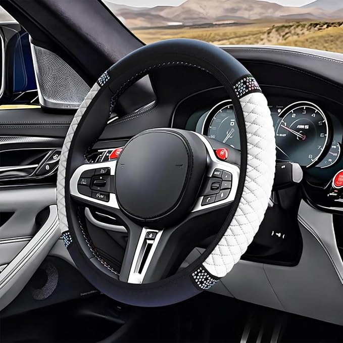 Bling Soft Leather Steering Wheel Cover, 15" Anti-Slip Sparkly Crystal Auto Elastic Steering Wheel Protector for Women Girl, Colorful Diamond Car Interior Accessory for Most Cars (White)