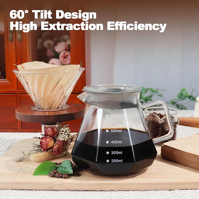 Pour Over Coffee Maker Set 600ml 20.3oz Portable with 100 Pcs Filter Paper Glass Coffee Maker High Borosilicate Glass Eagle Beak Spout Design Walnut Wood Base for Pour Over for Daily Brewing