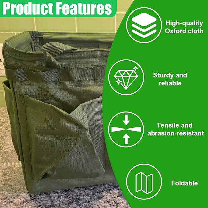 Collapsible Car Trunk Organizer - Large Foldable Grilling Tools Storage Bin Basket with 4 Pockets & Long Strap, Heavy-Duty Trunk Tote Bag for SUV Truck Camping Gear BBq Tools Organizer(Green)