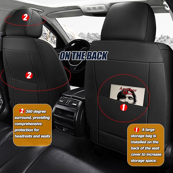 Car Seat Covers for 2 Seats - Nappa Leather 3D Foam Back Support, Super Breathable, All Season Car Seat Cushion with Storage Bags, Universal Fit for Most Cars, Colour- Black
