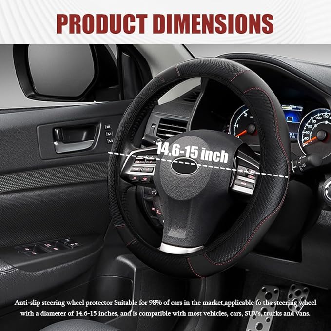 Car Steering Wheel Cover, Steering Wheel Protector, Universal 14.5-15 Inch Microfiber Leather Breathable Auto Steering Wheel Covers, Carbon Fiber Steering Wheel Cover for Women Men (Black)