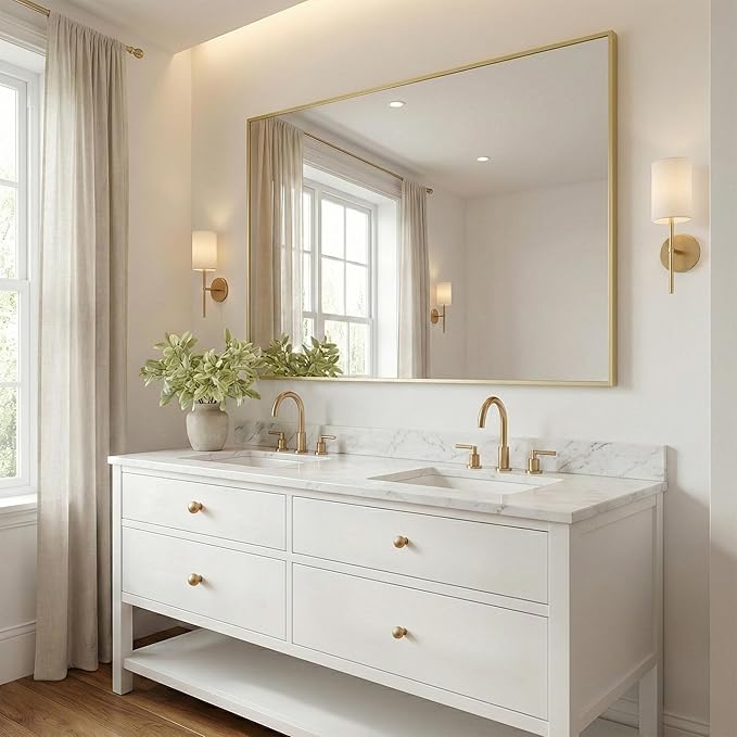 36"x48" Large Gold Bathroom Mirror, Metal Framed Vanity Mirror for Wall, Wide 48"x36" Rectangular Mirror Over Sink, Luxury Living Room Decor, Flush Mount