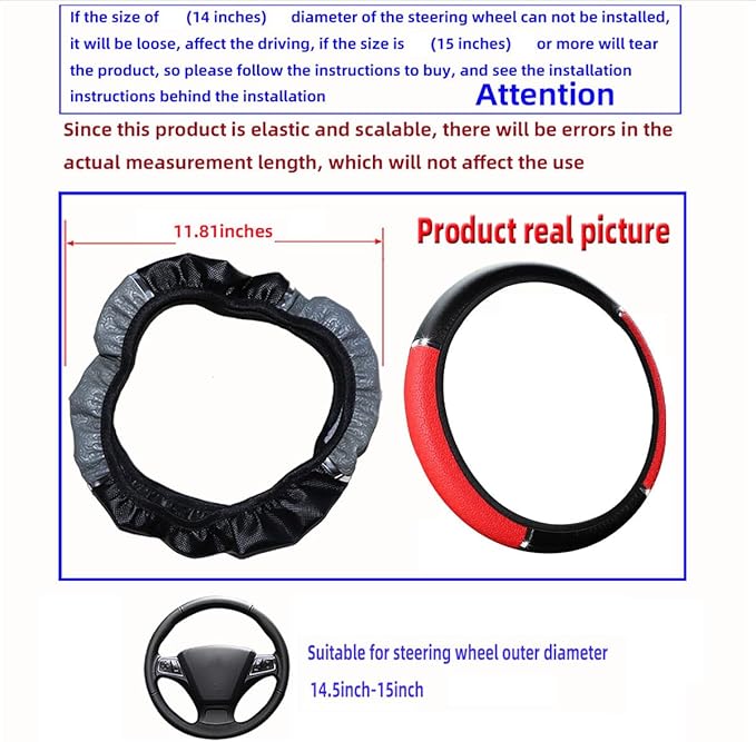 Car Steering Wheel Cover, PU Leather Elastic Vehicle Steering Wheel Protector, 14.5-15 Inches Non Slip Automotive Interior Steering Wheel Accessories, Universal Fit (Red)