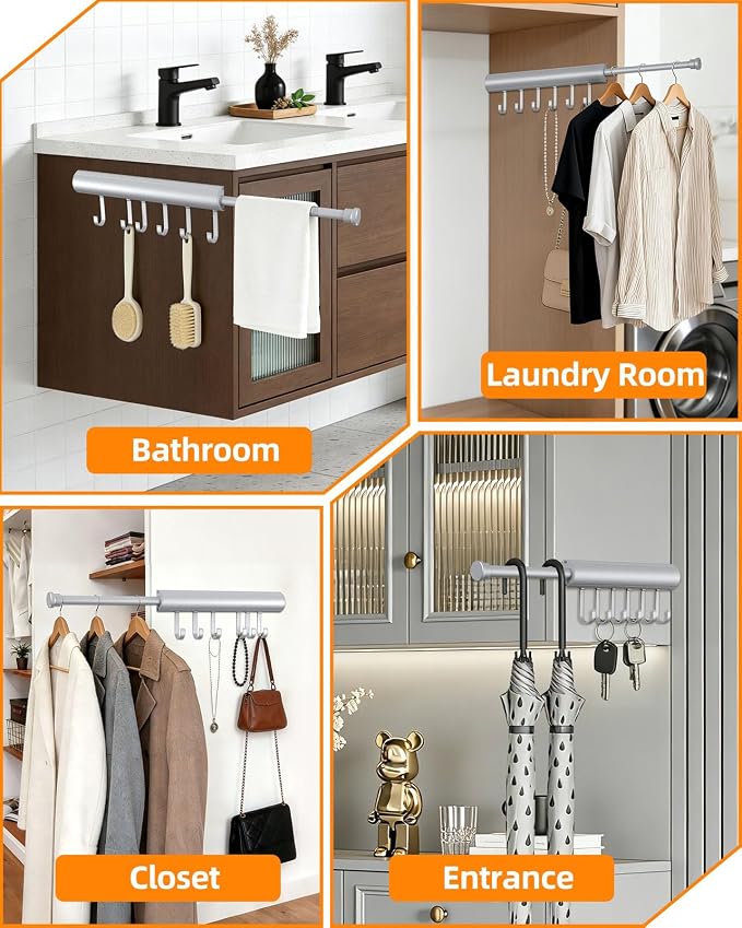 12 inch Valet Rod for Closets Pull Out, Closet Rods Extenders for Hanging Clothes Telescoping Adjustable With 6 Hooks (Silver, 12 Inch-1 Pack)
