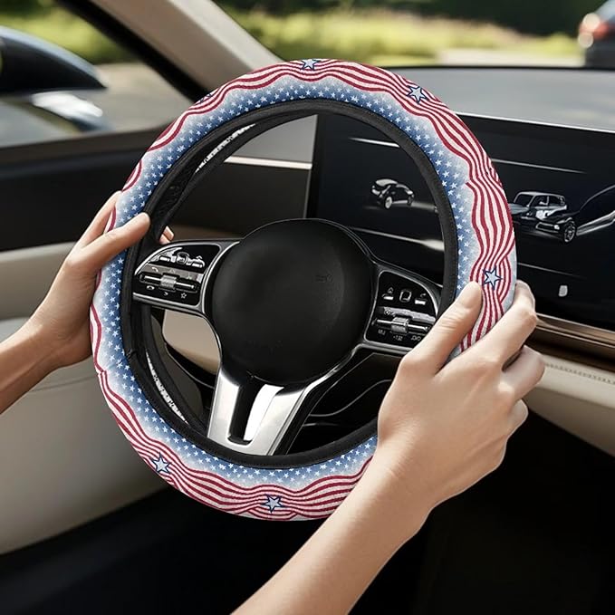 AFPANQZ Automotive Steering Wheel Covers Universal Fit 14 to 15 inch, American Star Steering Wheel Protector with Cloth for Women Keep Warm Comfort Grip Sweat Absorption Neoprene