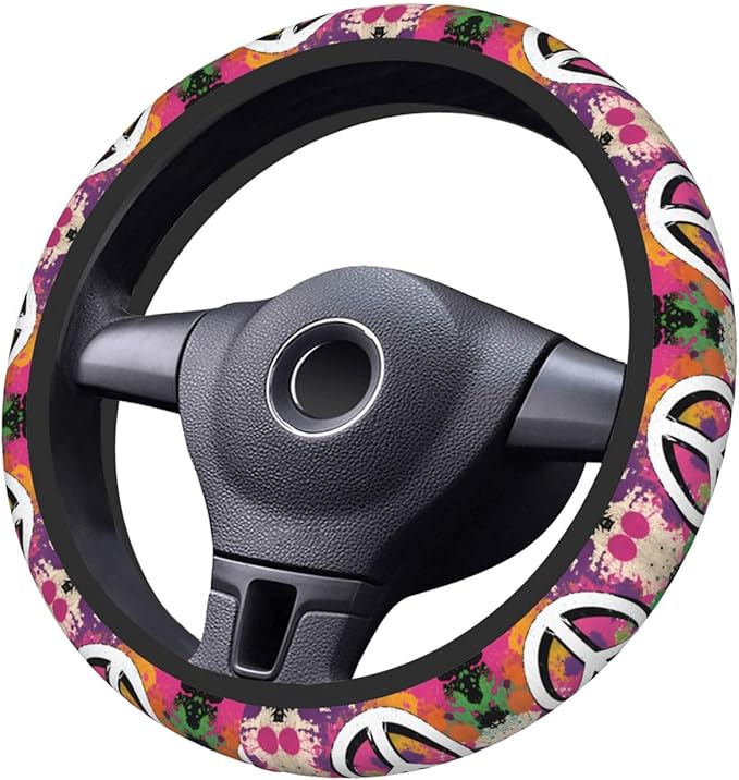 Colorful Art Peace Sign Neoprene Steering Wheel Covers Women Men Car Accessories, Universal 15 Inch Fit Auto, Suvs, Truck
