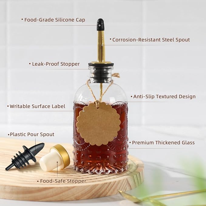 Coffee Syrup Dispenser Bottles, 6 Pack Glass Syrup Dispensers for Coffee Bar, 7.4 Fl Oz Small Maple Syrup Container Set with Golden Spoon, Vintage Oil Dispenser Bottle for Kitchen