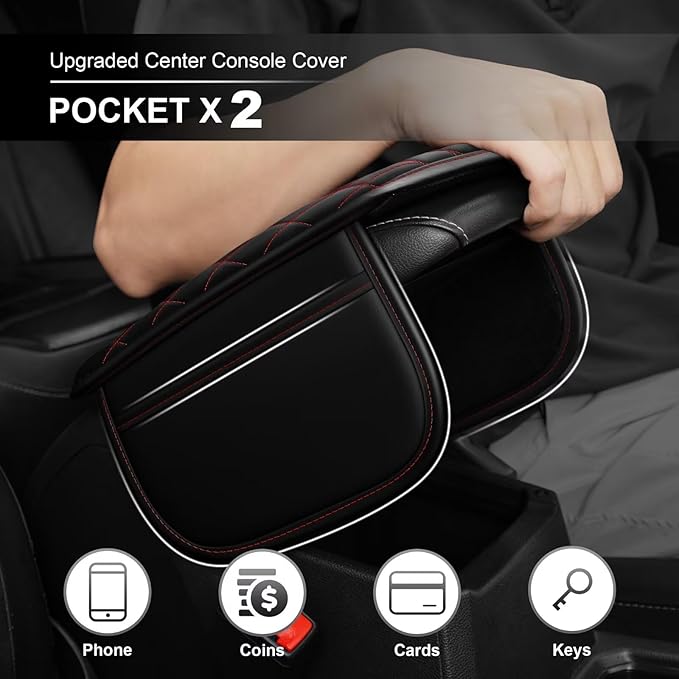 Upgraded Car Center Console Cover Fit for bZ4X Faux Leather Car Armrest Cover Cushion with 2 Storage Bags,Car Armrest Storage Box Interior Accessories(Black&Redline)