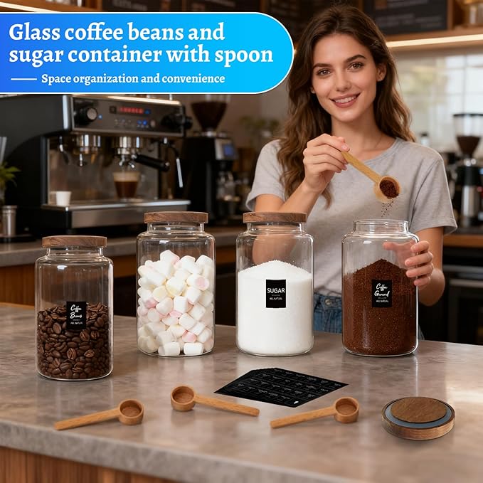 Glass Storage Jar with Lids Spoon Labels Round Glass Coffee Canister Borosilicate Glass Food Containers for Ground Spice Cookies Pasta Sugar Tea (2800ml/94oz-2 pack-with spoon)