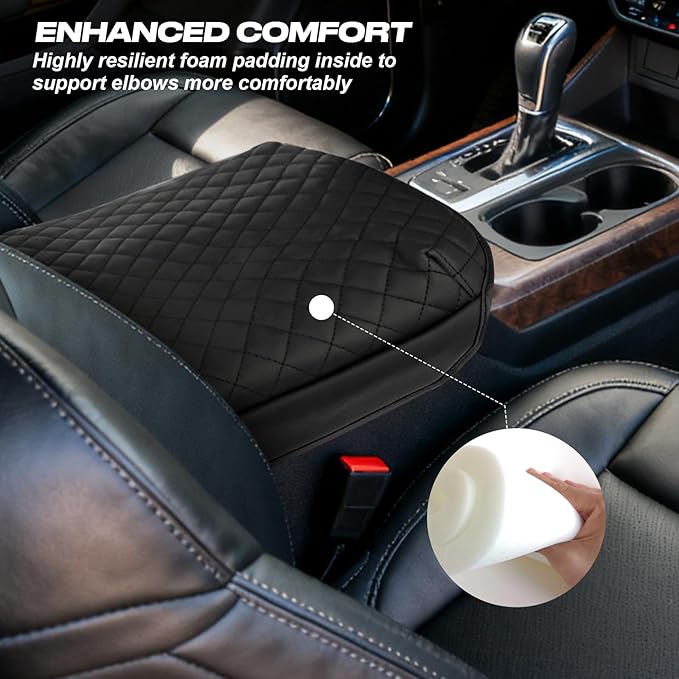 Center Console Armrest Cover Compatible with 2019-2026 Chevy Silverado GMC Sierra 1500 2500HD, 2021-2026 Tahoe Suburban Yukon, PU Faux Leather Console Protector Pad for Bucket Seat Accessories, Black