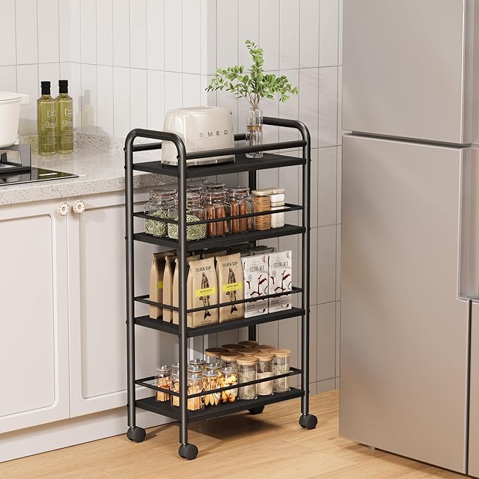 Slim Storage Cart, 4-Tier Small Rolling Cart with Wheels, 9.1" Deep, Narrow Bathroom Shelf Trolley for Kitchen, Bathroom, Laundry Room, Black Large 4-Tier (9.1" W x 33.6" H)