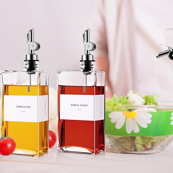 4 Pcs Olive Oil Dispenser for Kitchen, Glass Olive Bottles Oil Seasoning Bottle Set Coffee Syrup Soy Sauce Dispenser(Silver,500 ml)