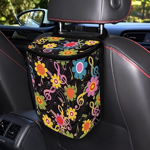 Hippie Flower Music Note Car Trash Can with Lid,Leak Proof Garbage Can Hippie Flower Car Interior Accessory Zipper Protable Vehicle Rubbish Bag for Back Seat