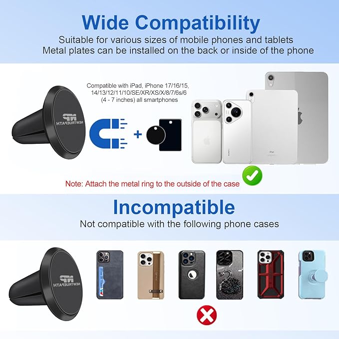 Mini Aluminum Alloy Car Vent Phone Mount Holder - N52 Super Strong Magnet Universal Compatible with for iPhone 17 Pro/16/15/14, Samsung Galaxy, iPad & mini Tablets - 2 Pack (Black)