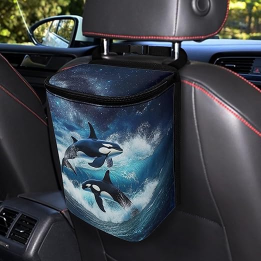 DISNIMO Ocean Killer Whale Hanging Car Trash Can Black Car Garbage Storage Bag with Lid Auto Rubbish Bin Leak-Proof Cars Trash Can Portable Organizer for Men Women Keeps Clean