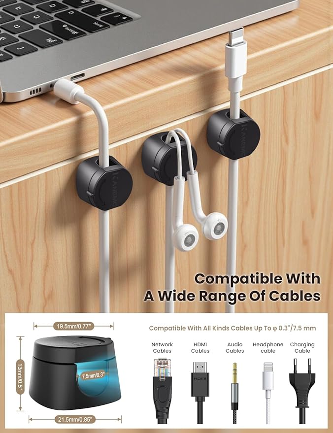 Kanemc Cable Clips Cord Holder for Desk, 360° Spin Magnetic Wire Organizer Self Adhesive Cord Management for Office Desks Cars Home Kitchen Electronic Accessory (Black, 6 PCS)