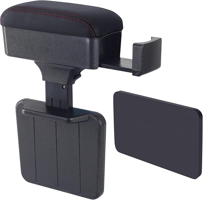 Rupse Universal Car Armrest Storage Box with Cup Holder, Adjustable Wrist Support, Center Console Organizer for Most Cars (Black Red Line)