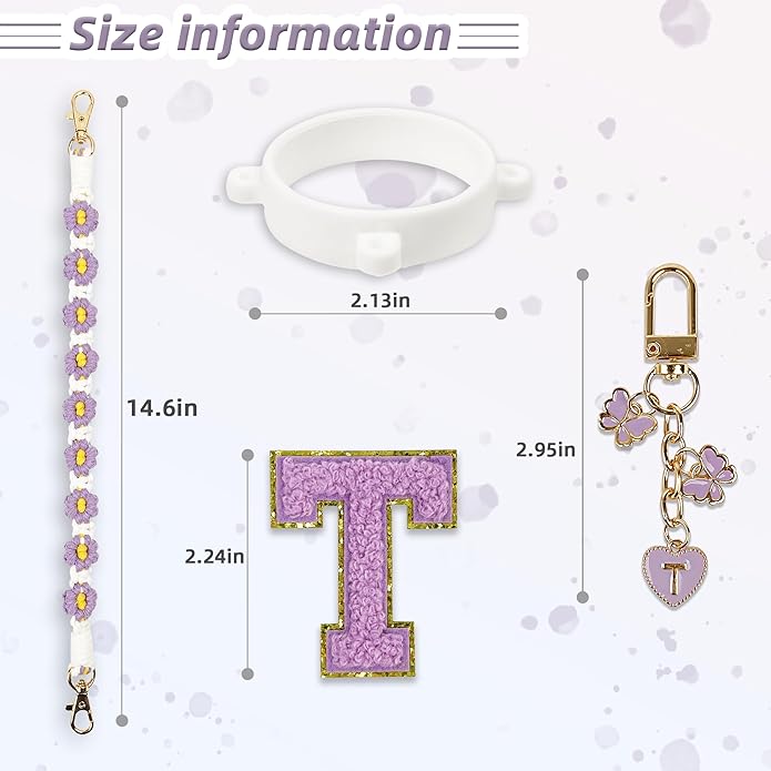 Compatible with Owala Water Bottle Accessories, Cute Letter Charm Set with Boho Handle Strap, Monogram Sticker, Silicone Ring, Keychain Decoration, for FreeSip 24 32 40oz, Owala Kids, Tumbler Gift