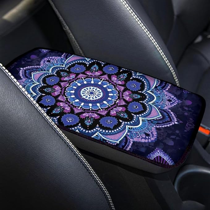 Neoprene Armrest Cushion Cover for Car Boho Mandala Flower Print Armrest Box Cover Center Console Pad for Truck Sedan SUV, Universal Fit