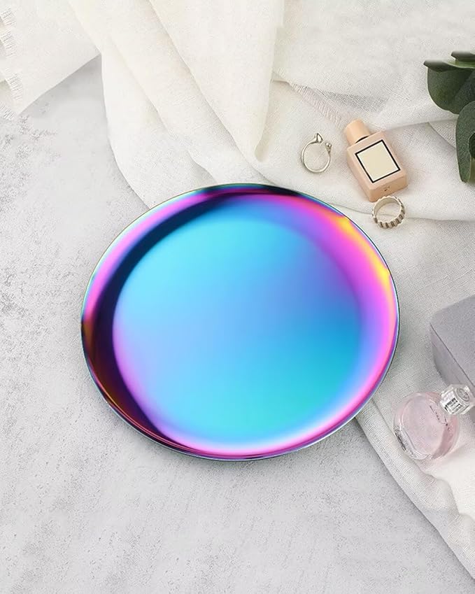 Serving Trays 7.9in Stainless Steel Decorative Tray Round Light Colour Tray for Kitchen Wedding Party Coffee Table