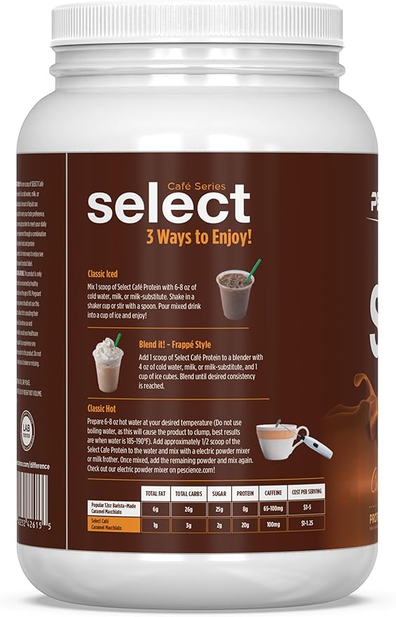 PEScience Select Cafe Protein Coffee Flavored Powder, 100mg Caffeine, 20g Iced Protein Coffee Powder or Creamer - Caramel Macchiato, 20 Servings