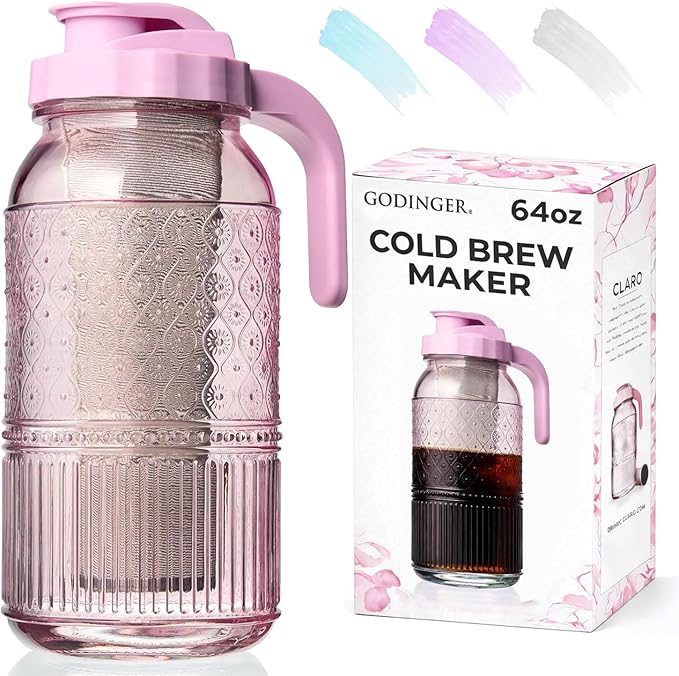 Cold Brew Coffee Maker 64 oz – Airtight Glass Mason Jar Pitcher Brewer with Leak-Proof Lid & Handle, Wide Mouth Iced Coffee Maker, Vintage Kitchen Decor - Blush