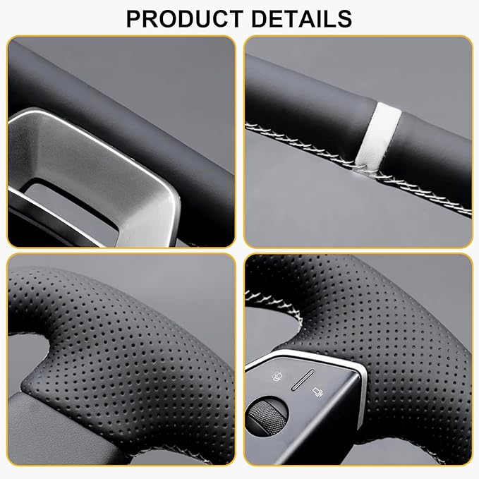 Steering Wheel Cover for Cybertruck Hand Stitching DIY Nappa Leather Steering Wheel Cover with White Center Mark (Black with White)