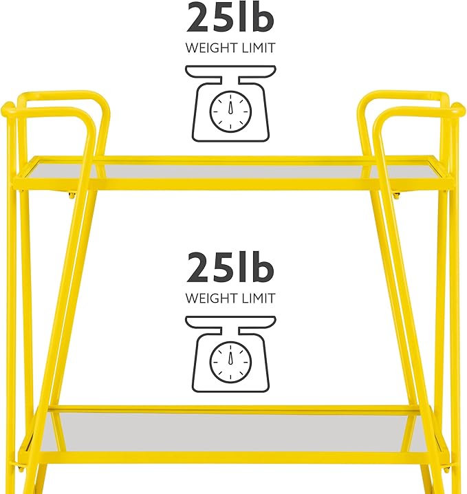 Gina Yellow Mid Century Bar Cart with Mirrored Shelves by Linon