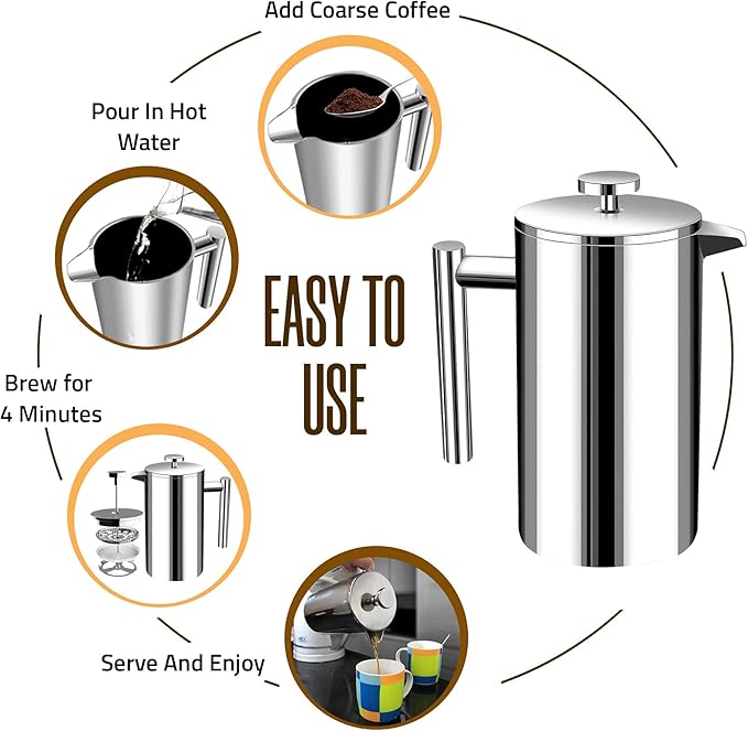Utopia Kitchen 304 Grade Stainless Steel French Press Coffee Maker 12 Oz, Double Wall Insulated Coffee Press with 4-Level Filtration system, Include 2 Extra Filters, Rust-Free, Dishwasher Safe, Silver