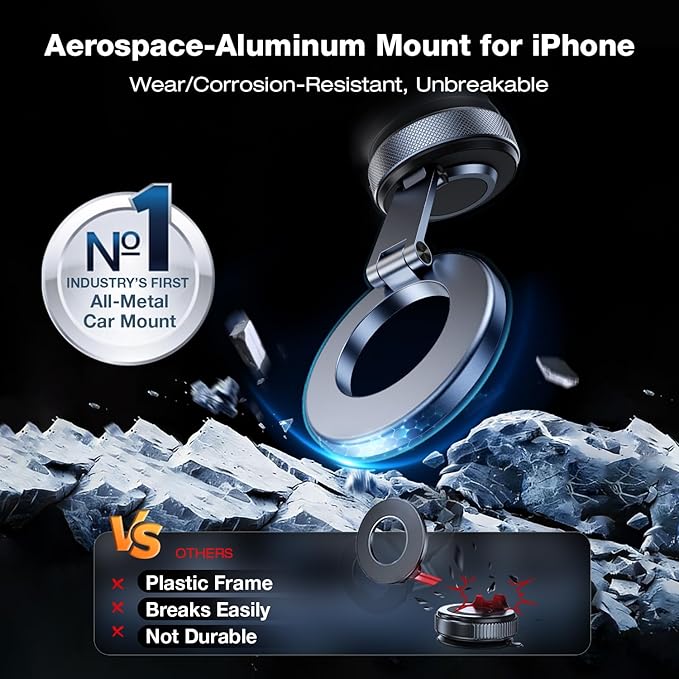 Magnetic Phone Holder for Car, Aerospace Aluminum iPhone Mount with 3200gf Magnet & 80LBS Vacuum Suction, 360° Adjustable Dashboard Mount Compatible with MagSafe iPhone 17 Pro Max/16/15/14/13