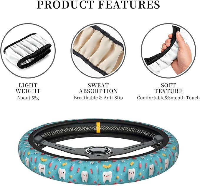Neoprene Steering Wheel Cover Dental Print Car Steering Wheel Cover Universal Fit for Most Cars