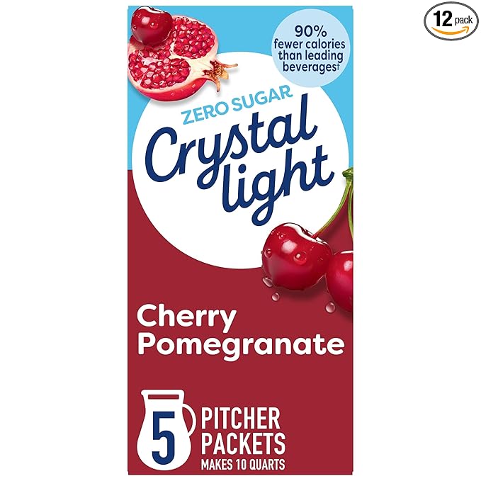 Crystal Light Zero Sugar Cherry Pomegranate Drink Mix, Naturally Flavored Powdered Beverage Packets, Low Calorie Water Flavoring for Pitchers, 10 Quarts per Box, 2.2 Oz (Pack of 12)