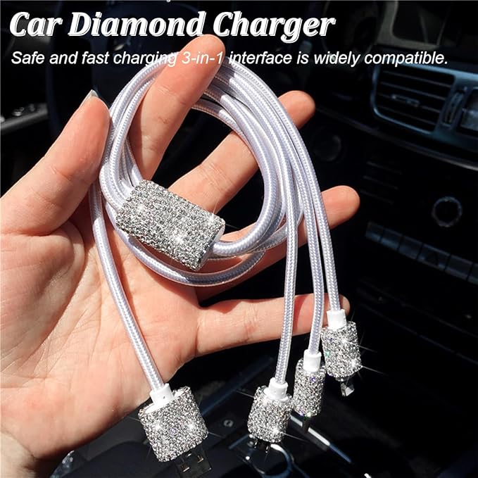 Bling Dual USB Car Charger with 3-in-1 Multi Fast Charging Cable, Dual Port Charger Adapter with Type C Micro USB Cord for iPhone, Android, Rhinestones Car Interior Accessories for Women(White)