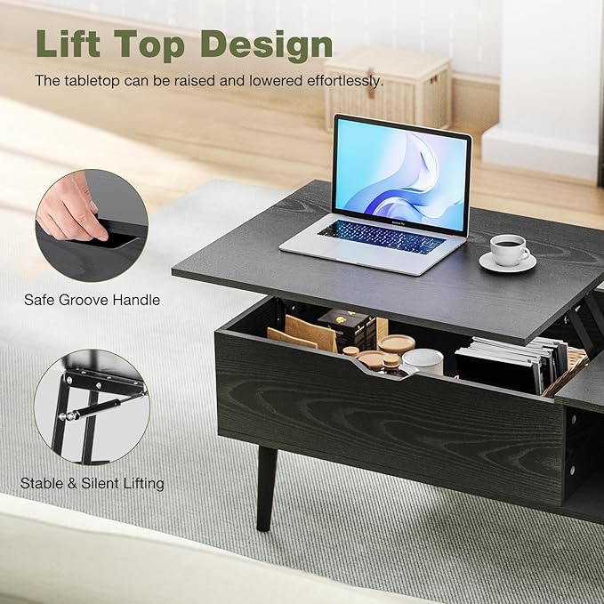 OLIXIS Wood Lift Top Coffee Table with Hidden Compartment and Large Storage Shelf, Lift Tabletop Dining Center Table for Home Living Room Office, Black