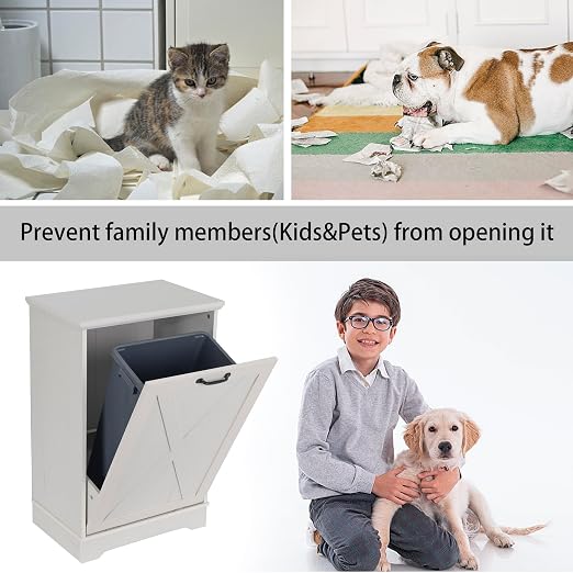 13 Gallons Tilt Out Trash Can Cabinet, Wooden Trash Can Cabinet Tilt Out Pet Proof Hidden Garbage Cabinet for Kitchen, Antique White