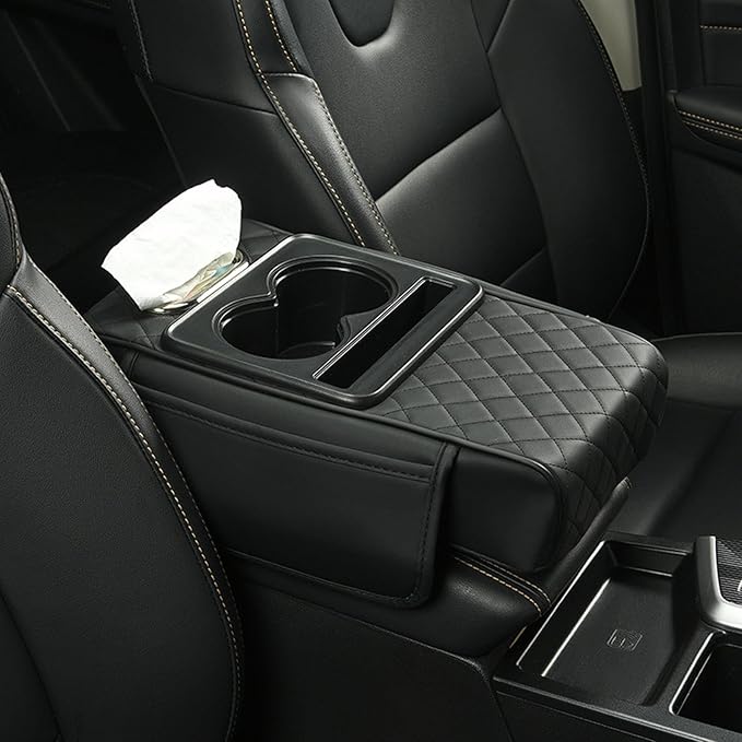 Car Armrest Box Mat, 5-in-1 Center Console Cover Cushion with Cup Holder Tissue Slot, Universal PU Leather Car Box Pad for Sedans Car Accessories Interior Organizers (Multi E05)