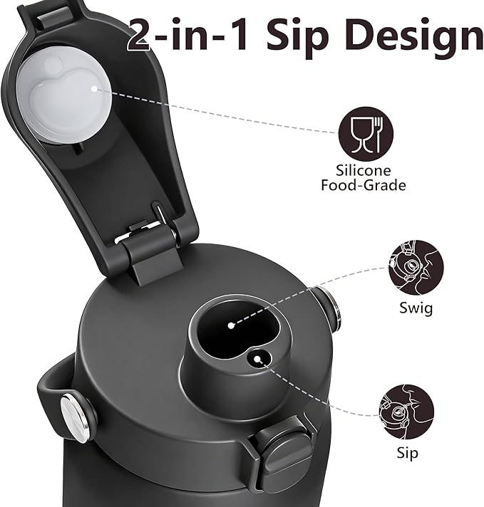 2 IN 1 Replacement Lid for Owala Freesip, Compatible with Owala Cup 16oz 24oz 32oz 40oz, One Button Water Bottle Top Lid Replacement Accessory and Straws, Leakproof, BPA-Free, Ash Black