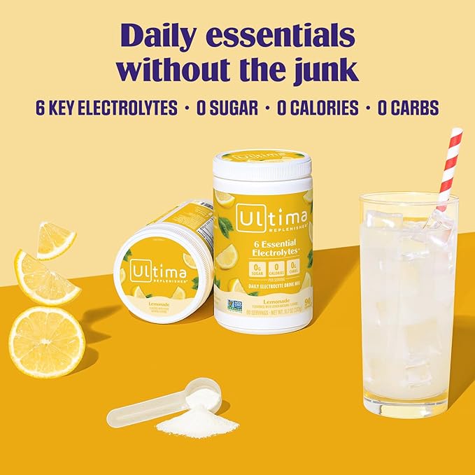 Ultima Replenisher Daily Electrolyte Powder Drink Mix – Sugar Free – Lemonade, 90 Servings – Hydration Powder with 6 Key Electrolytes and Trace Minerals – Keto Friendly, Vegan, Non-GMO