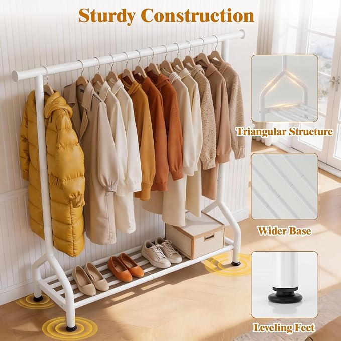 EAGMAK Sturdy Clothing Racks with Shelf, Metal Clothes Rack with Leveling Feet for Hanging Clothes, Freestanding Garment Coat Rack for Bedroom, Apartment & Small Spaces, White