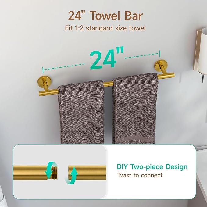 USHOWER Brushed Gold Bathroom Accessories Set, 24-Inch Towel Bar Set Wall Mounted, Durable SUS304 Stainless Steel Bathroom Hardware Set, 4-Piece