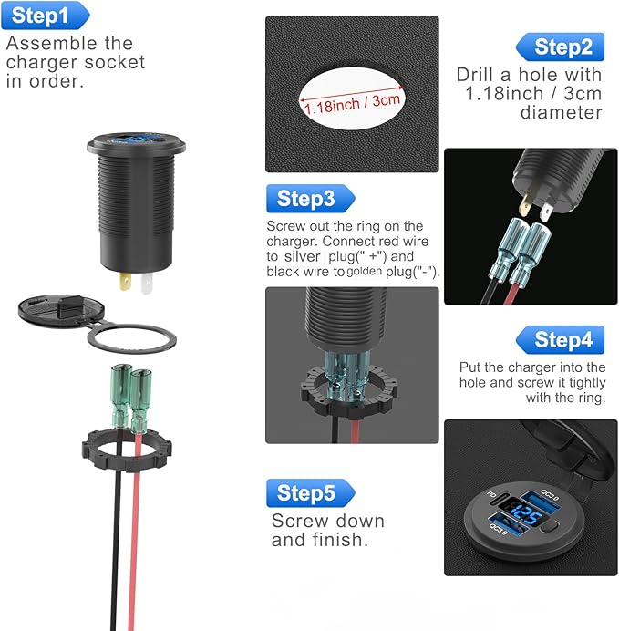 12 Volt USB Outlet Dual Quick Charge 3.0 Port and PD3.0 USB C Car Battery Chargers Socket, Waterproof 12V Power Outlet Cigarette Lighter Replacement DIY Kit with Voltmeter and Switch for Boat