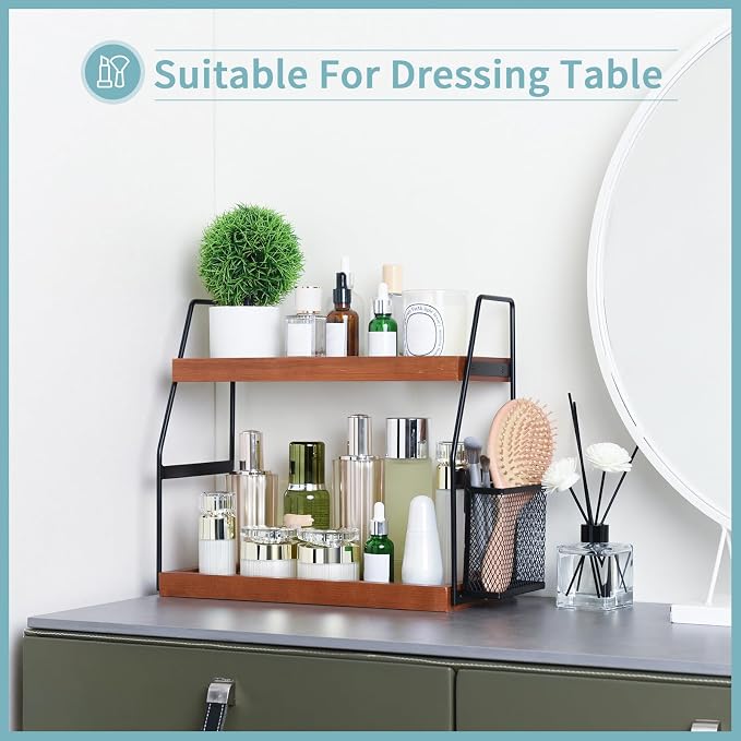Bathroom Counter Organizer, 2-Tier Standing Storage Shelf with Basket, Wood Tray for Skincare Vanity Organizer(Brownish)
