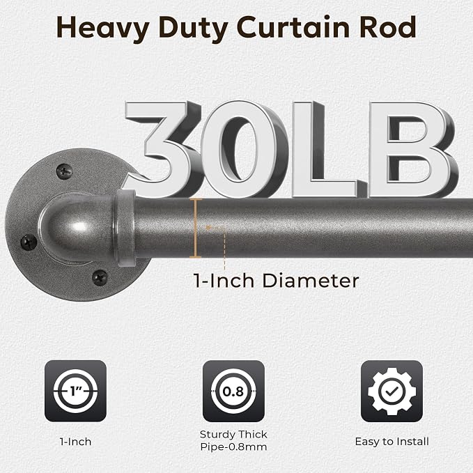 Zeerobee Curtain Rods for Windows 66 to 120, 1 Inch Industrial Wrap Around Grey Curtain Rod, Indoor/Outdoor Room Divider Adjustable Drapery Pole, 66"-120"