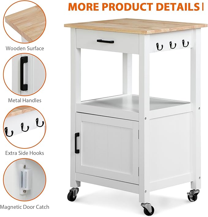 Nova Microdermabrasion Kitchen Island Cart on Wheels, Rolling Kitchen Cart with Single Door Cabinet, Mobile Small Coffee Cart Microwave Oven Cart Serving Cart for Dining Room, White