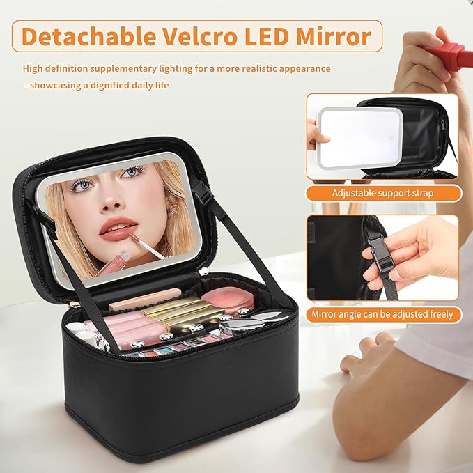 OCHEAL Makeup Bag with LED Mirror, Travel Cosmetic Organizer Vanity Case with 3 Color Setting Light Up Mirror for Women Beauty Tools Accessories Rechargeable - Black