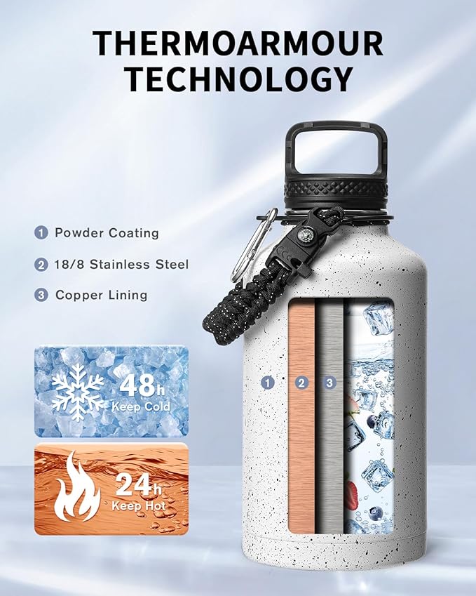 Trebo Water Bottle 64oz with Paracord Handle, Half Gallon Large Vacuum Double Wall Stainless Steel Insulated Water Jug with Holder Strap Straw Spout Lids, Leakproof Keep Cold & Hot,Starry White